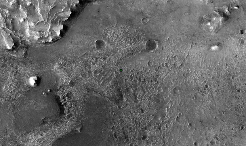 This image shows with a green dot where NASA’s Perseverance rover landed in Jezero Crater on Mars on Feb. 18, 2021. The base image was taken by the HiRISE camera aboard NASA’s Mars Reconnaissance Orbiter.