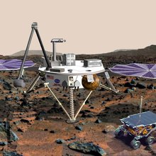 Artist Impression of the Mars Surveyor 2001 Lander with the Marie Curie rover. The mission was almost completed, but never sent to Mars.