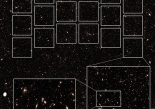 This synthetic image visualizes what a Roman ultra-deep field could look like. The 18 squares at the top of this image outline the area Roman can see in a single observation, known as its footprint.