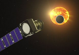 Artist drawing of a planet transiting a fiery star upper right. The space telescope is in the foreground lower left. The body of the craft and its lens tilted toward the star. A single, long solar array stretches out from the body to left bottom corner.