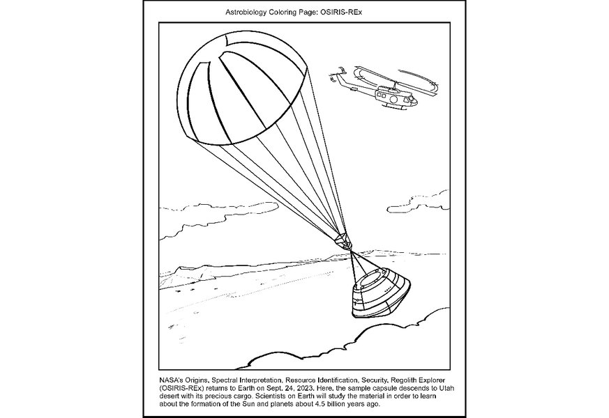 The OSIRIS-REx sample capsule fills the page, suspended from a parachute and drifting to the desert below. A helicopter can be seen in the background.