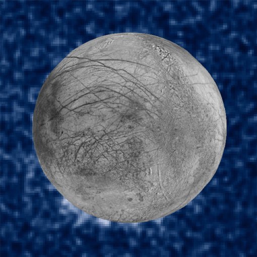 This composite image shows suspected plumes of water vapor erupting at the 7 o’clock position off the limb of Jupiter’s moon Europa. The Hubble data were taken on January 2014, and appear to show plumes that spit out as much as 125 miles.  The image of Europa, superimposed on the Hubble data, is assembled from data from the Galileo and Voyager missions. (NASA/ESA/W. Sparks (STScI)/USGS Astrogeology Science Center)