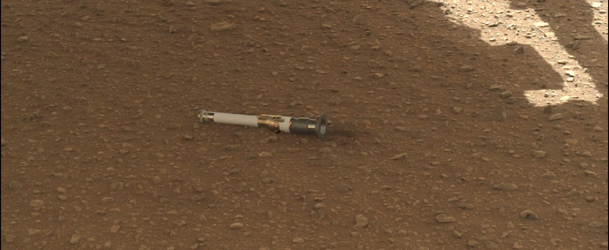 A titanium tube containing a rock sample is resting on the Red Planet’s surface after being placed there on Dec. 21 by NASA’s Perseverance Mars rover.