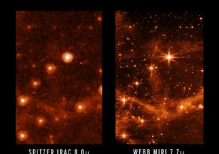 MIRI image is compared to a past image of the same target taken with NASA’s Spitzer Space Telescope’s Infrared Array Camera (at 8.0 microns).