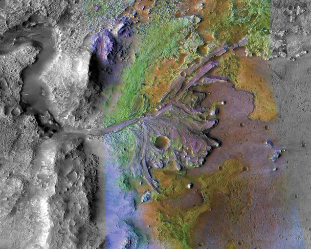 Chemical Alteration by Water, Jezero Crater Delta. On ancient Mars, water carved channels and transported sediments to form fans and deltas within lake basins. Examination of spectral data acquired from orbit show that some of these sediments have minerals that indicate chemical alteration by water. Here in Jezero Crater delta, sediments contain clays and carbonates. The image combines information from two instruments on NASA's Mars Reconnaissance Orbiter,the Compact Reconnaissance Imaging Spectrometer for Mars and the Context Camera. (Reference: Ehlmann et al. 2008.)