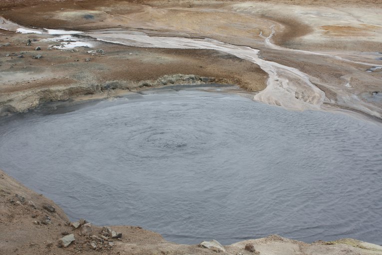 A bubbling hydrothermal pool in the Mývatn area of Iceland. Could such pools have pro-moted P–O bonds on the surfaces of schreibersite meteorites that had fallen into the pools?