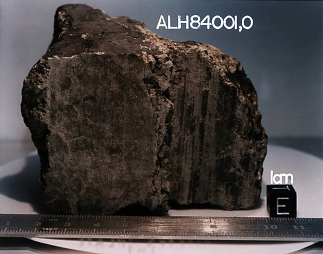 This 4.5 billion-year-old rock, labeled meteorite ALH84001 or sometimes called the "Allan Hills Meteorite," came from Mars and landed in Antarctica. It sparked controversy in 1996 when some scientists believed it contained tiny fossils.