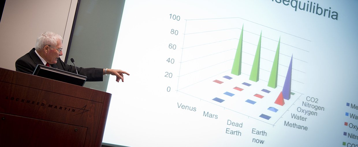 James Lovelock (University of Oxford) speaking during the “Seeking Signs of Life” Symposium, celebrating 50 Years of Exobiology and Astrobiology at NASA, Thursday, Oct. 14, 2010, at the Lockheed Martin Global Vision Center in Arlington, Va.