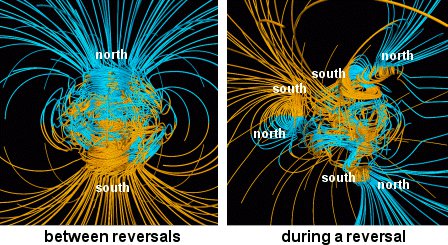 Supercomputer models of Earth's magnetic field. On the left is a normal dipolar magnetic field, typical of the long years between polarity reversals. On the right is the sort of complicated magnetic field Earth has during the upheaval of a reversal.