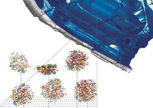 Cathodoluminescence image of a 400-μm zircon and the 3-D map made by atom-probe tomography of a group of ~10-nm clusters of radiogenic atoms of 207Pb (yellow) and 206Pb (green) from the core of this crystal. Credit: John Valley, University of Wisconsin.