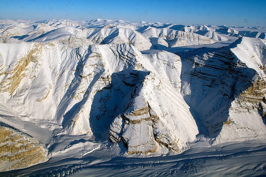 Glaciers on Canada’s Ellesmere Island seen during the Apr. 1 IceBridge survey flight. NASA's Operation IceBridge uses sophisticated instruments on aircraft to study glaciers, sea ice, and ice sheets.