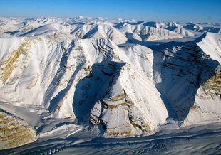Glaciers on Canada’s Ellesmere Island seen during the Apr. 1 IceBridge survey flight. NASA's Operation IceBridge uses sophisticated instruments on aircraft to study glaciers, sea ice, and ice sheets.