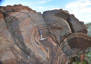 The layers on this 2.7 billion-year-old rock, a stromatolite from Western Australia, show evidence of single-celled, photosynthetic life on the shore of a large lake. The new result suggests that this microbial life thrived despite a thin atmosphere.