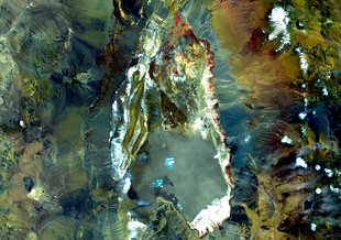 Landsat 7 image of Salar de Atacama from March 21, 2002. The Salt Pan is mostly a grey-green with some white and cyan. Bare ground and rock range from tan and brown to green and dark grey. Snow is white and vegetation is red.
