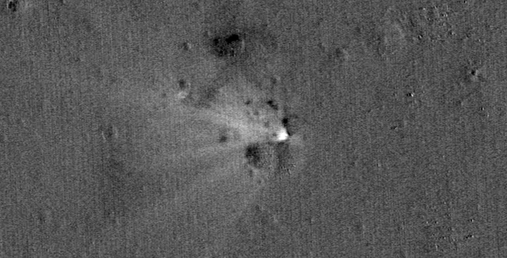 LRO has imaged the LADEE impact site on the eastern rim of Sundman V crater. The image was created by ratioing two images, one taken before the impact and another afterwards. The bright area highlights what has changed between the time of the two images, 