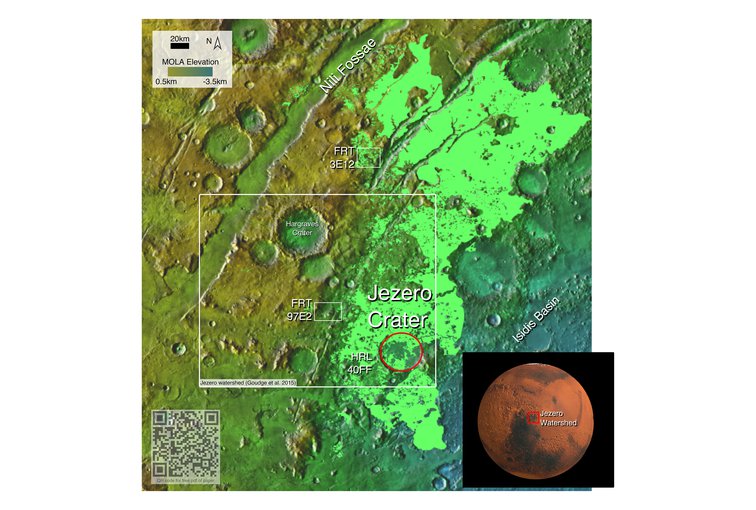 Location of Nili Fossae and Jezero crater. The base map obtained using JMars (Christensen et al., 2009). Red box marks the region of interest in Brown et al. 2020. Pale green indicates the olivine‐carbonate unit mapped by Kremer et al. (2019).