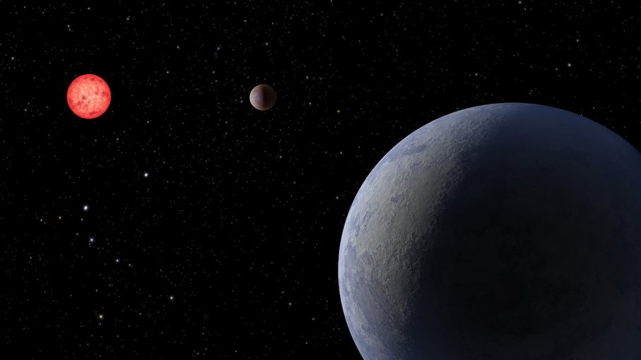 Illustration of a newly discovered super-Earth, LP 890-9 c, foreground, and its sister planet, LP 890-9 b, orbiting a red-dwarf star some 98 light-years away from Earth.