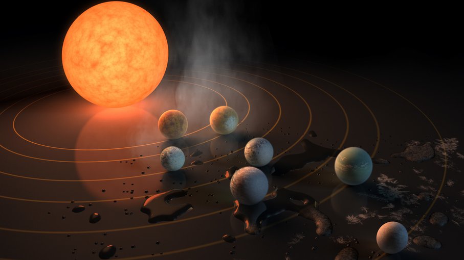 This artist's concept appeared on the Feb. 23, 2017 cover of the journal Nature announcing that the nearby star TRAPPIST-1, an ultra-cool dwarf, has seven Earth-sized planets orbiting it.