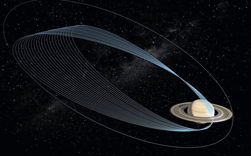 The Cassini spacecraft will make 22 increasingly tight orbits of Saturn before it disappears into the planet’s atmosphere in mid-September, as shown in this artist rendering.  (NASA/JPL-Caltech)