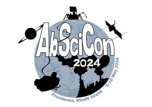 The circular logo features a simplified two-color image of Enceladus as the background. Black silhouettes of a lander, submersible, orbiter, hydrothermal vents, and Saturn can be seen. The logo says AbSciCon 2024, Providence, Rhode Island, 5-10 May 2024.