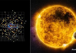 A three-dimensional map of stars near the Sun on the left side of our screen and a dramatic illustration of a star with a planet orbiting around it on the right side.