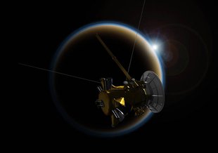 Artwork showing Cassini flying toward the camera. It looks as if the spacecraft is cruising over the rings of Saturn with the planet visible in the background to the right of the frame.