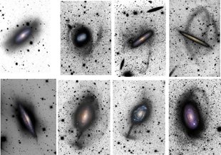 A collection of eight images of stellar streams The are ovular, swirling dust-like rings of black with a glowing center that has hints of yellow and purple.