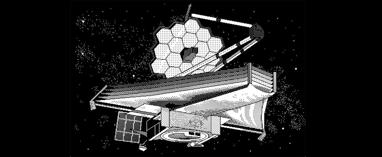 This pixel image of NASA's Webb Telescope was created using a vintage Macinstosh computer.