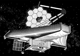 This pixel image of NASA's Webb Telescope was created using a vintage Macinstosh computer.
