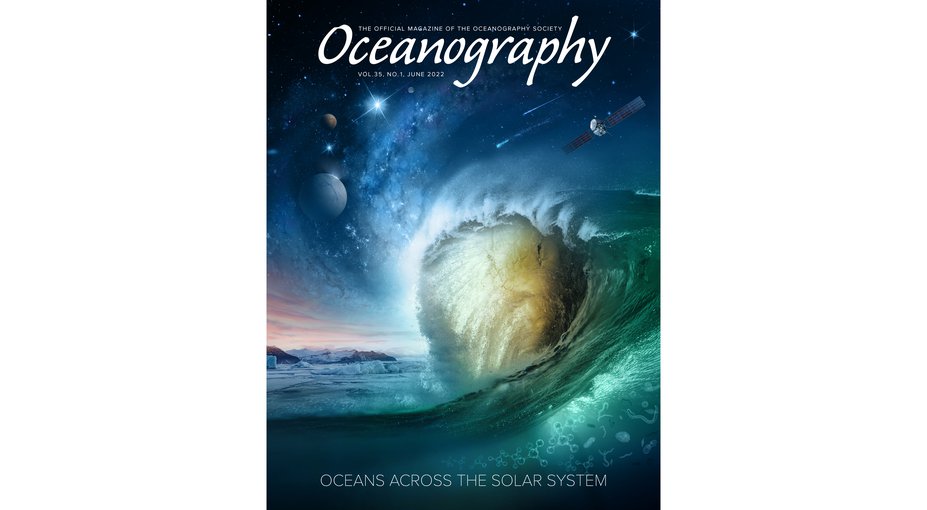 The cover of the Special Issue on Oceans Across the Solar System of the journal Oceanography (Volume 35, Number 1, June 2022). The cover features an artistic rendering of ocean worlds by Jenny Mottar.