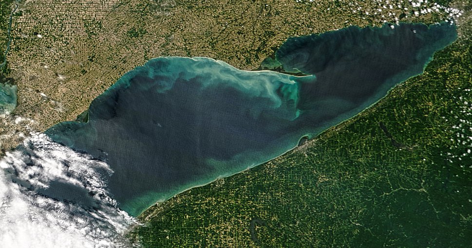 Seiches and whiting events and algae blooms are regular occurrences on Lake Erie. Each of these events can add swirls of color to the blue-green waters of the Great Lakes, as viewed from satellites.