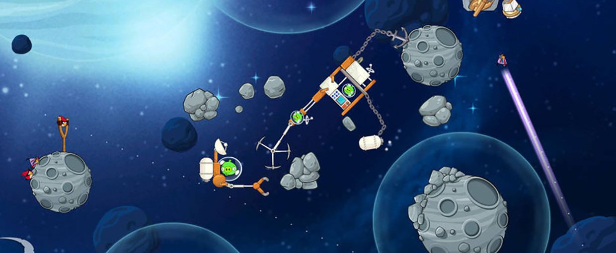 A screen capture from "Angry Birds Space", which includes collaborations with NASA to educate the public about NASA's asteroid-searching activities.