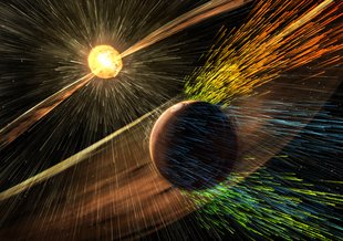 Artist’s rendering of a solar storm hitting Mars and stripping ions from the planet's upper atmosphere. Credits: NASA/GSFC
