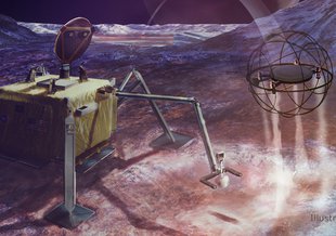 In this artist's concept, a SPARROW robot uses steam propulsion to hop away from its lander home base to explore an icy moon's surface.