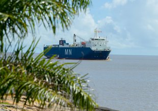 The MN Colibri arrived Oct. 12 at Port de Pariacabo on the Kourou River in French Guiana, carrying NASA’s James Webb Space Telescope as cargo.