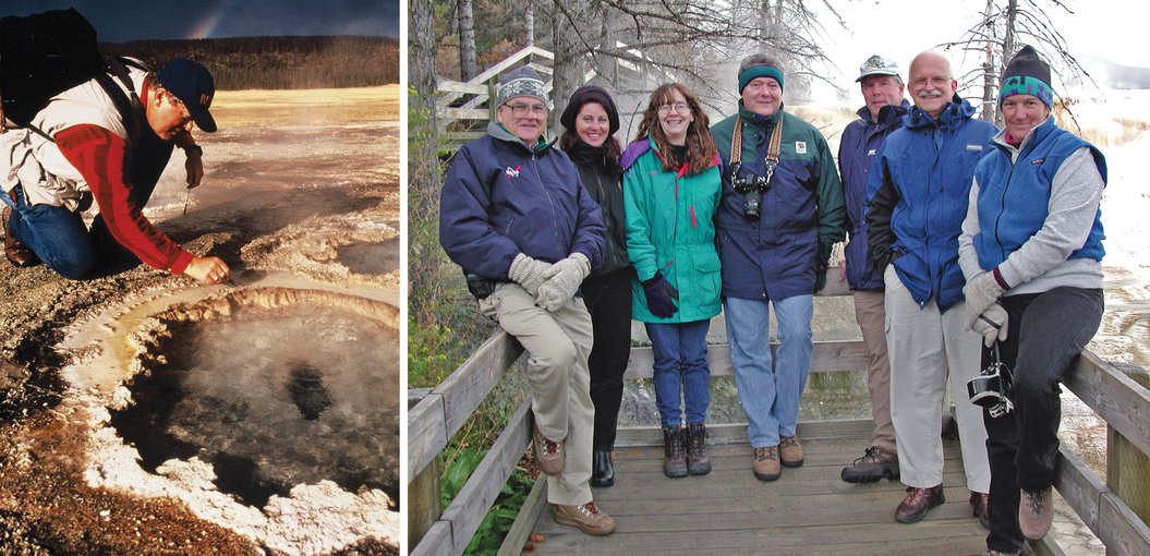 To the left is an image of Jack Farmer kneeling by a hot spring. To the right is a group of scientists posing on a wooden walkway.