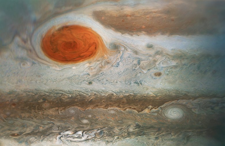 This image of Jupiter’s iconic Great Red Spot and surrounding turbulent zones was captured by NASA’s Juno spacecraft.