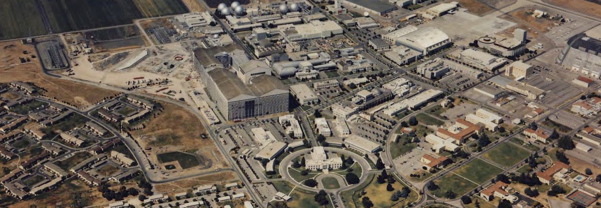 Aerial view of the NASA Ames Research Center at Moffett Field, California.