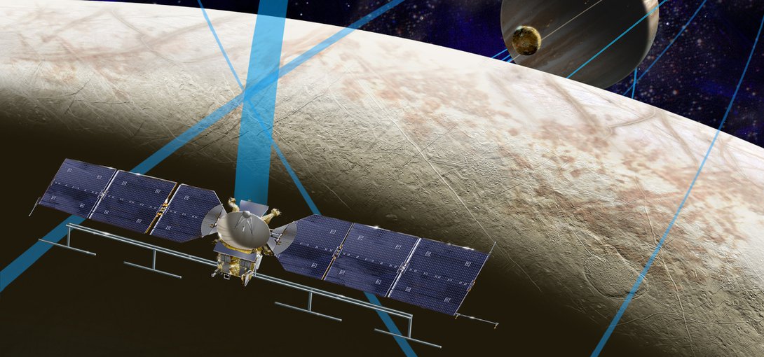 Artist's illustration of NASA’s Europa Clipper spacecraft, which will perform multiple flybys of the ocean-harboring Jupiter moon.