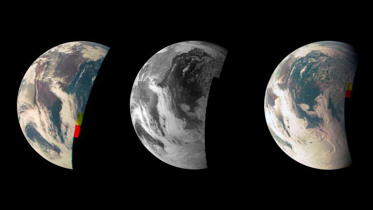 This trio of Junocam views of Earth was taken during Juno's close flyby on October 9, 2013.