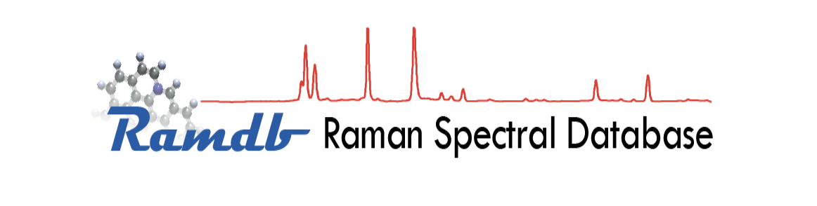 The logo shows Ramdb in a blue cursive script with the full name Raman Spectral Database in black. Above the words are a chemical structure in black and a red spectra line with multiple spikes.