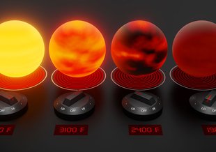 Brown dwarfs – objects that fall between stars and planets – are shown in this illustration with temperatures ranging from hottest (left) to coldest (right). The middle two represent those in a temp range for clouds made of silicates to form.