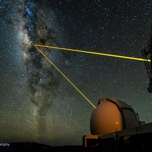The twin Keck telescopes shooting their laser guide stars into the heart of the Milky Way on a beautifully clear night on the summit on Mauna Kea.