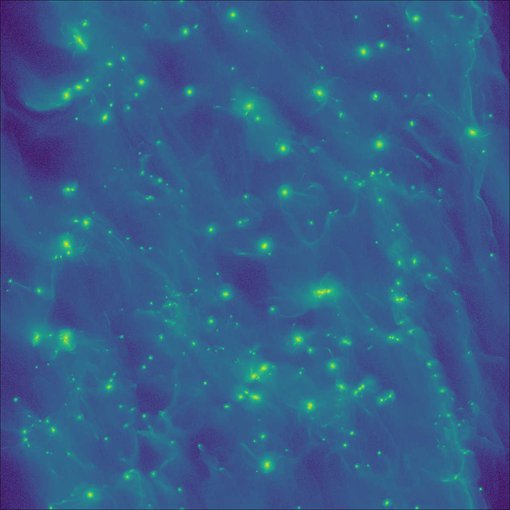 Simulations of the streaming instability model of planet formation, where particle clumping triggers gravitational collapse into planetesimals. This snapshot shows the vertically integrated density of solids, projected on the protoplanetary disk plane.