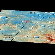 This graphic shows a prediction of the location of MESSENGER's impact on Mercury's surface prior to the completion of the mission.