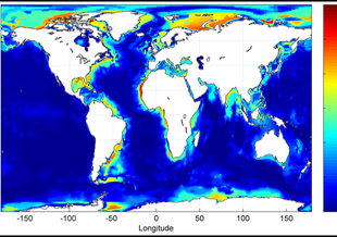A map showing the thickness of sediment (in meters) for a temperature range under 80 degrees Celsius.