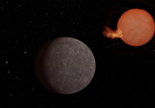 A rocky, grey planet is below center in the foreground of the illustration against the star-speckled expanse of space. In the background to the top right is a dim, orange star with one large flare erupting from its surface in the direction of the planet.