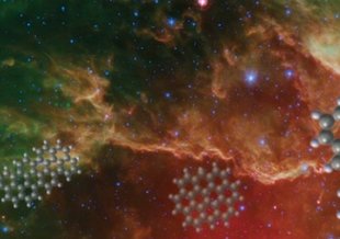 An image of an interstellar nebula with some polycyclic aromatic hydrocarbon (PAH) molecular structures superimposed.