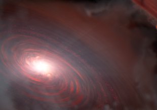 A swirling vortex of red dust and debris circles a point in the bottom left of the image. Light emanates from that point at the center of the swirling mass indicating that a star sits somewhere in the middle of the action. A small planet forms top right.