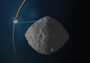 This artist’s concept shows the planned flight path of NASA’s OSIRIS-REx spacecraft during its final flyby of asteroid Bennu, which is scheduled for April 7.